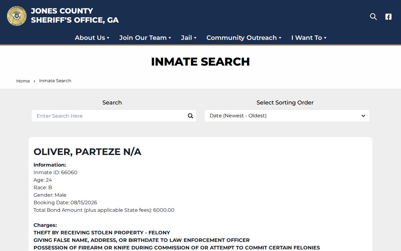 Jones County Jail current-custody inmate search and booking record fields