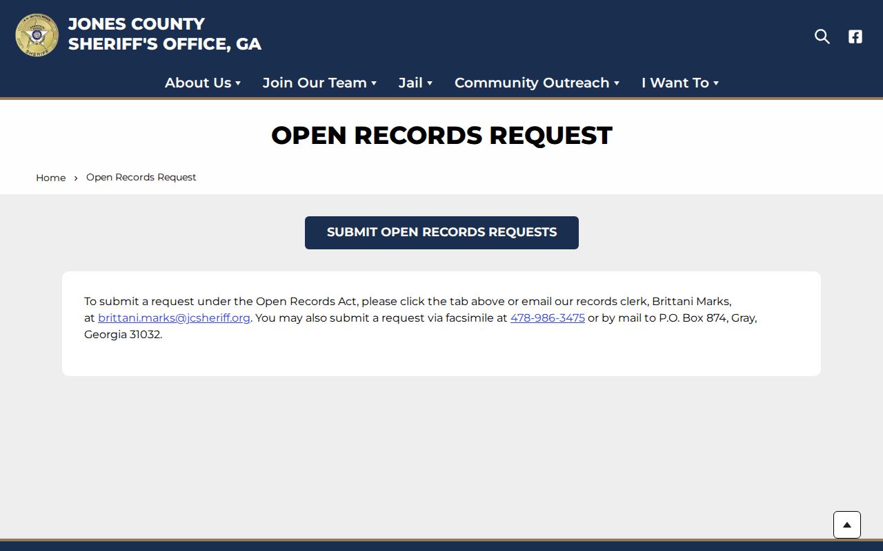 Jones County Sheriff's open-records request route for booking records and photos
