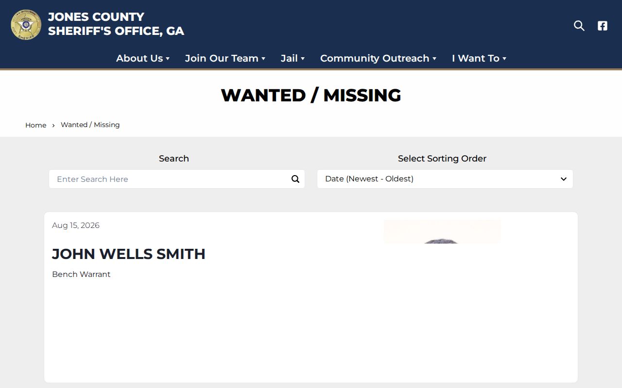 Jones County Sheriff's official wanted and missing notice interface