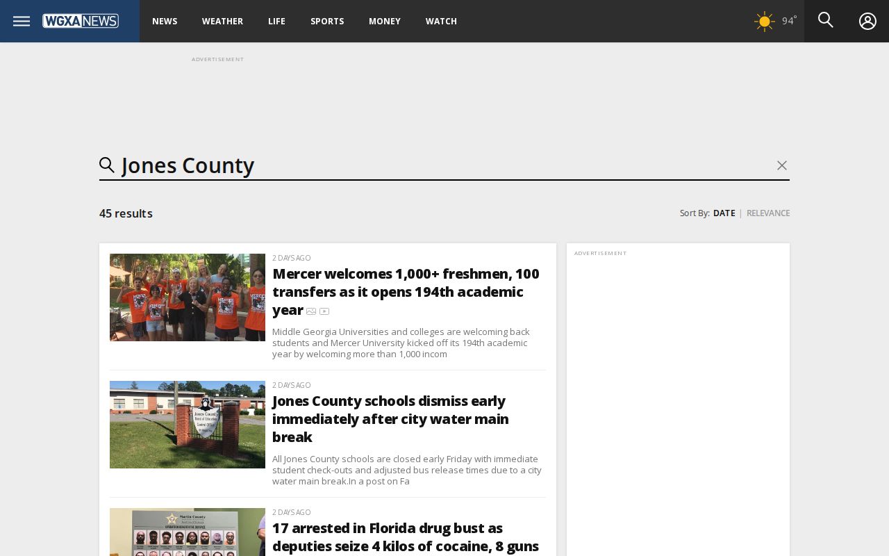WGXA regional Jones County crime-news search covering arrests and public-safety events