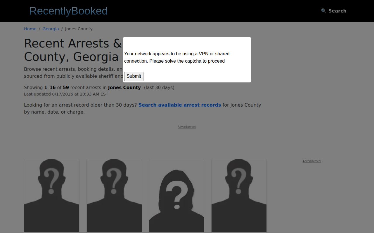RecentlyBooked Jones County unofficial recent-arrests page with photo placeholders