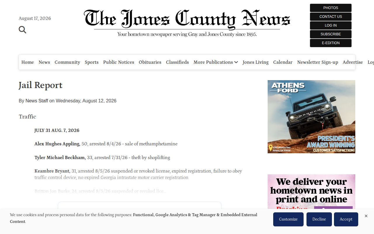 Jones County News Jail Report covering county arrest and citation records